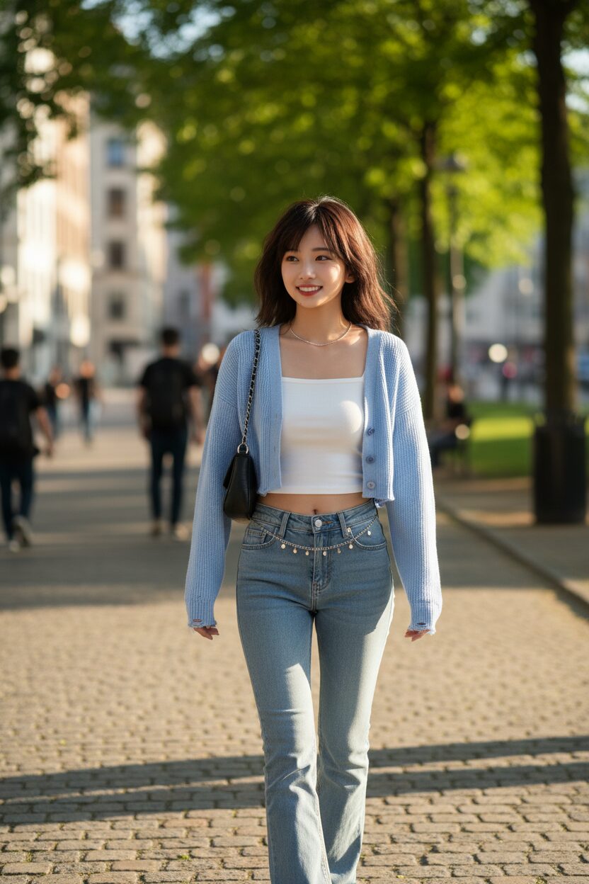 日当たりの良い都会の公園を歩く若い女性のストリートスナップ。少しダメージ加工の入った水色のミニ丈カーディガンを、シンプルな白のチューブトップの上に羽織っている。ボトムスはY2Kを象徴するローライズのブーツカットデニム。シルバーのチェーンベルトと小さなショルダーバッグで、こなれ感のあるカジュアルスタイルを完成させている。