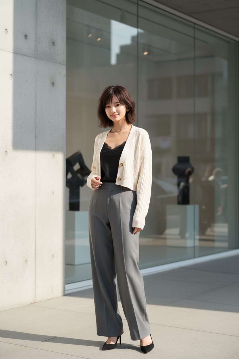 モダンな美術館の前でポーズをとる、洗練された雰囲気のアジア人女性。上品なクリーム色のハイゲージニットのミニ丈カーディガンと、黒いサテンのキャミソールを合わせている。ボトムスはグレーのワイドスラックスとポインテッドトゥのヒールで、Y2Kトレンドを大人っぽくきれいめに着こなしている。