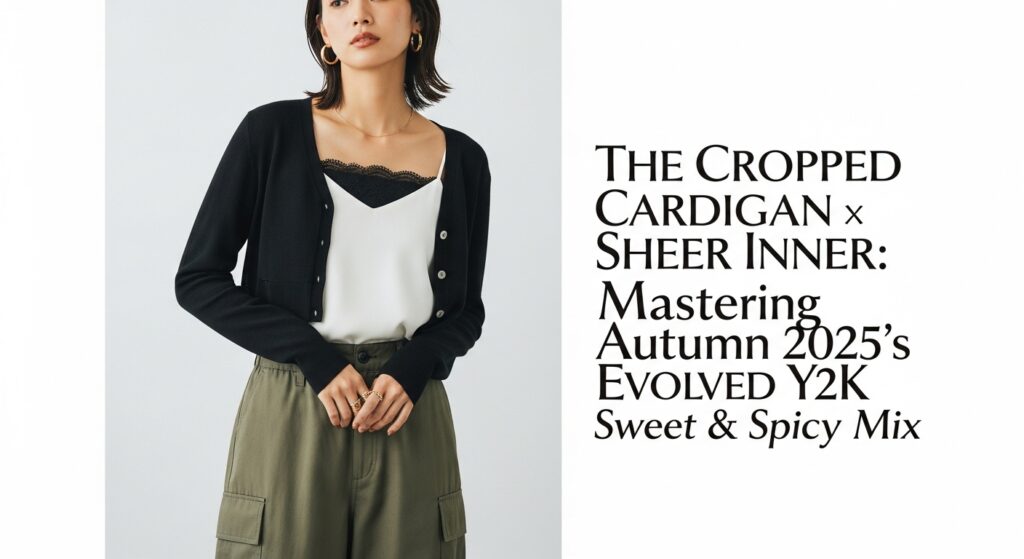 ミニ丈の黒いカーディガンと白いキャミソール、カーゴパンツを合わせた、2025年秋の進化系Y2Kファッションに身を包む日本人女性。