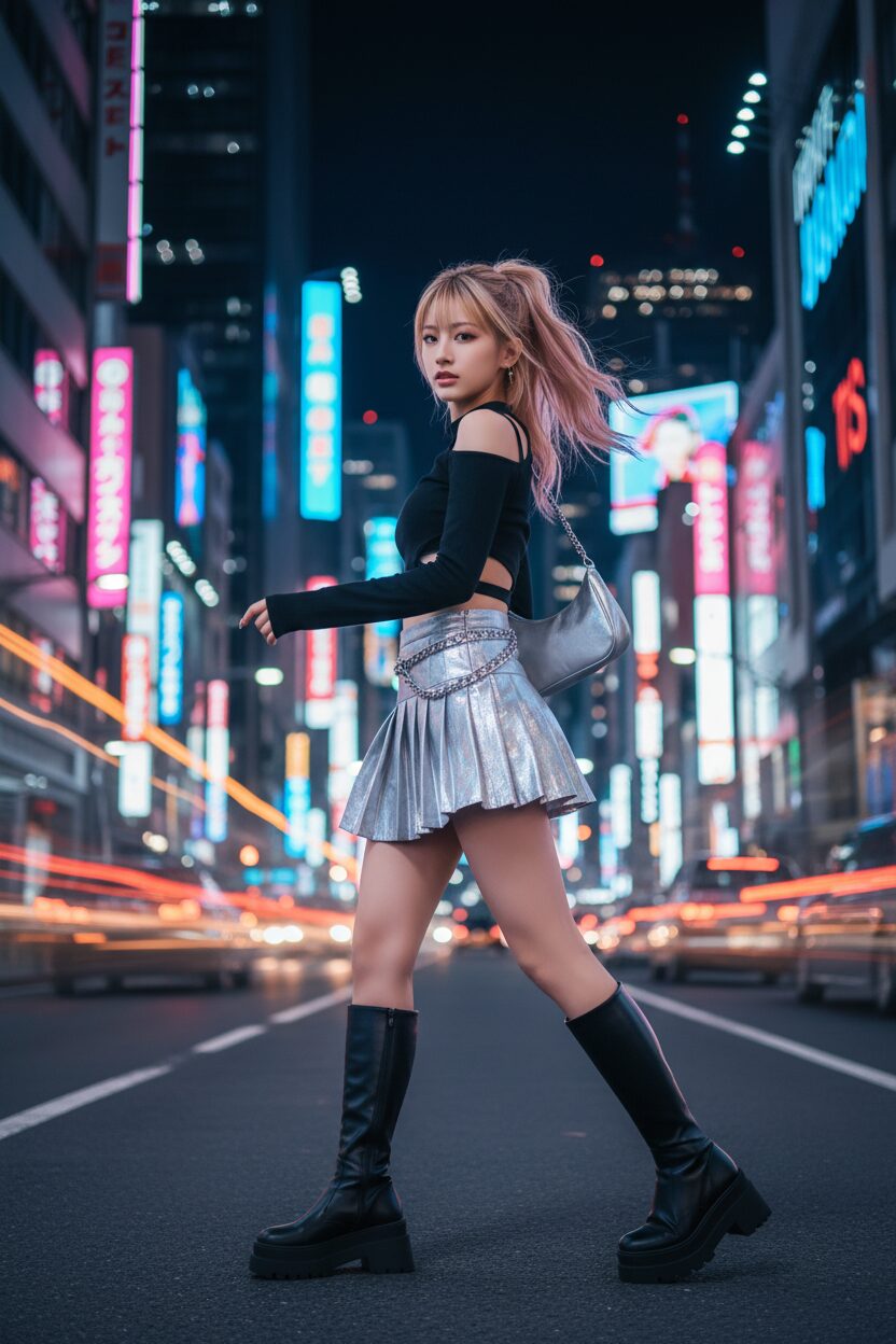 ネオンが輝く近未来的な東京の夜の街角で、ポーズをとる10代の日本人女性。メタリックシルバーのプリーツマイクロミニスカートに、カットアウトデザインが施された黒のクロップド丈トップスを着用し、厚底のニーハイブーツを合わせている。シルバーのチェーンベルトと小さなショルダーバッグがアクセントになっている、進化系Y2Kストリートスタイル。