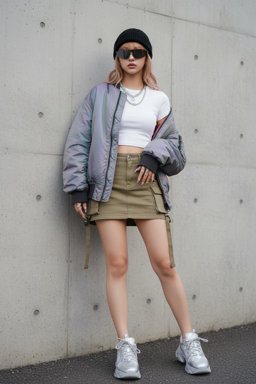 無機質なコンクリートの壁を背景にポーズをとる、クールなアジア人の10代。カーキ色のローライズカーゴミニスカートに、白のベビーTシャツを合わせ、光沢のあるオーバーサイズのテック系ナイロンボンバージャケットを羽織っている。足元はごつめのシルバースニーカーで、未来的なサングラスとビーニーを着用した、スポーティーでエッジの効いたコーディネート。