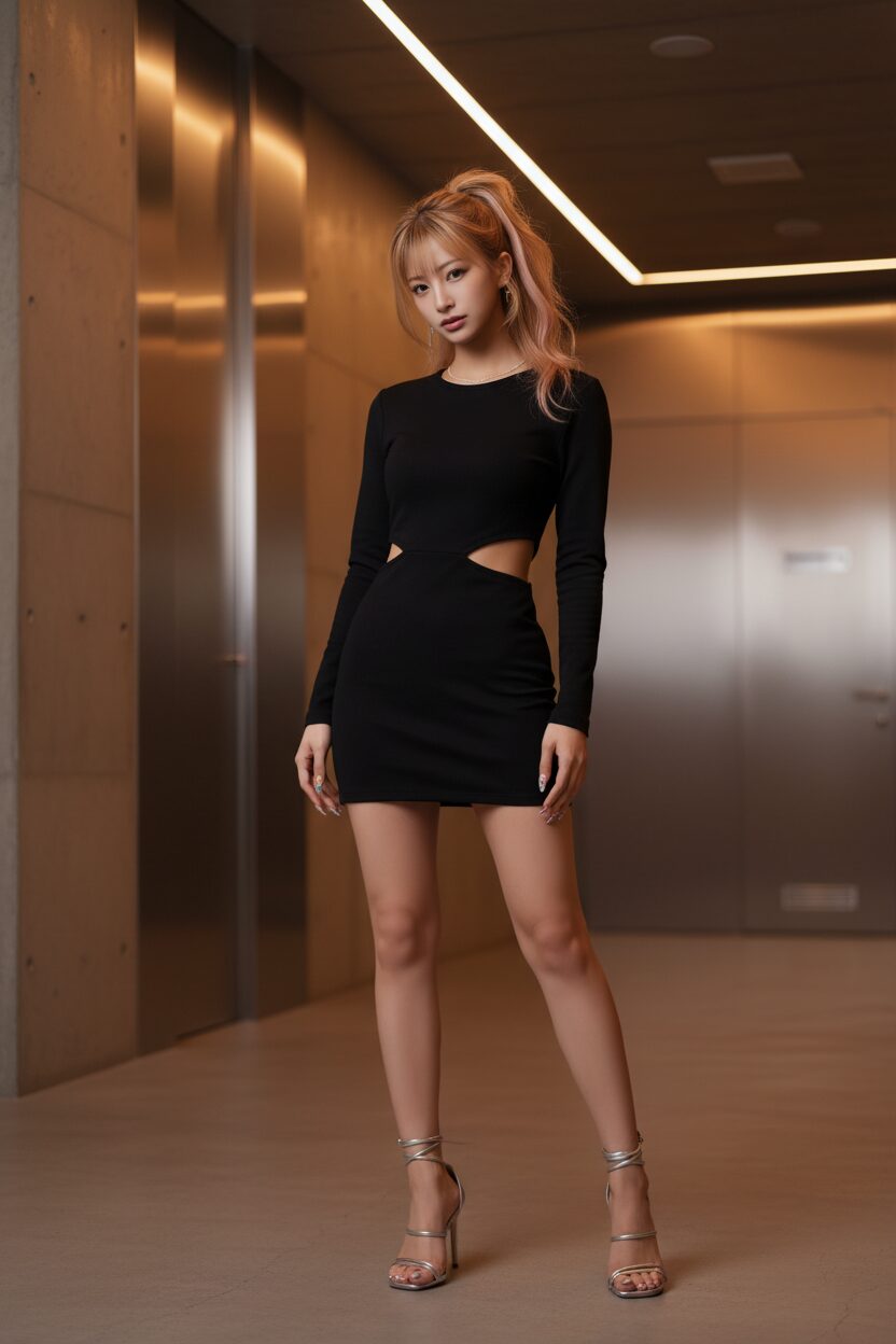 洗練されたモダンな室内で、アンビエント照明の中に立つ日本人モデル。体にフィットする黒の長袖ミニワンピースを着用しており、ウエストと肩に大胆なアシンメトリーのカットアウトが施されている。足元にはストラップデザインのシルバーのハイヒールサンダルを合わせ、ミニマルながらもインパクトのあるスタイリング。