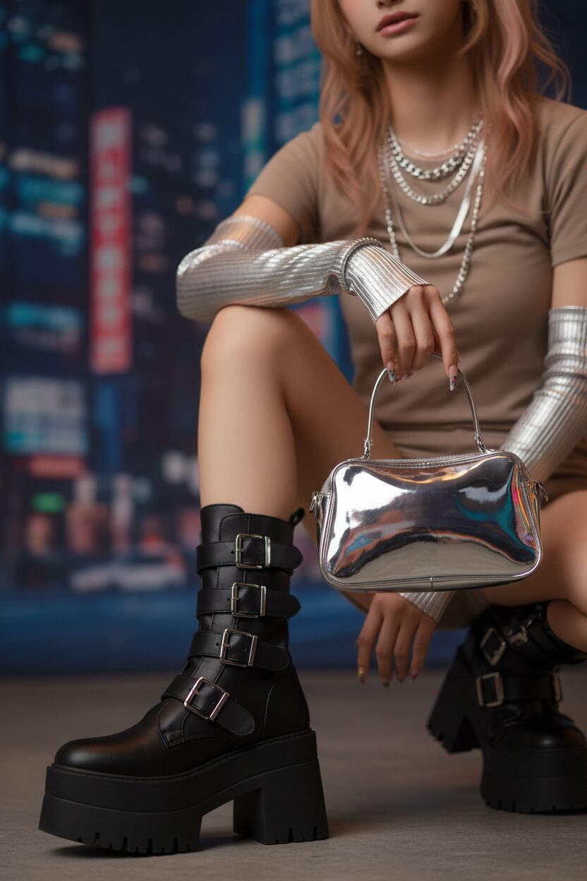 進化系Y2Kファッションの小物を写したクローズアップショット。シルバーのバックルが付いた厚底ブーツ、重ね付けされたシルバーのチェーンネックレス、メタリックシルバーのアームウォーマーを着用している。クロームカラーの小さなショルダーバッグを持っており、背景をぼかすことでアイテムの質感や輝きを強調している。