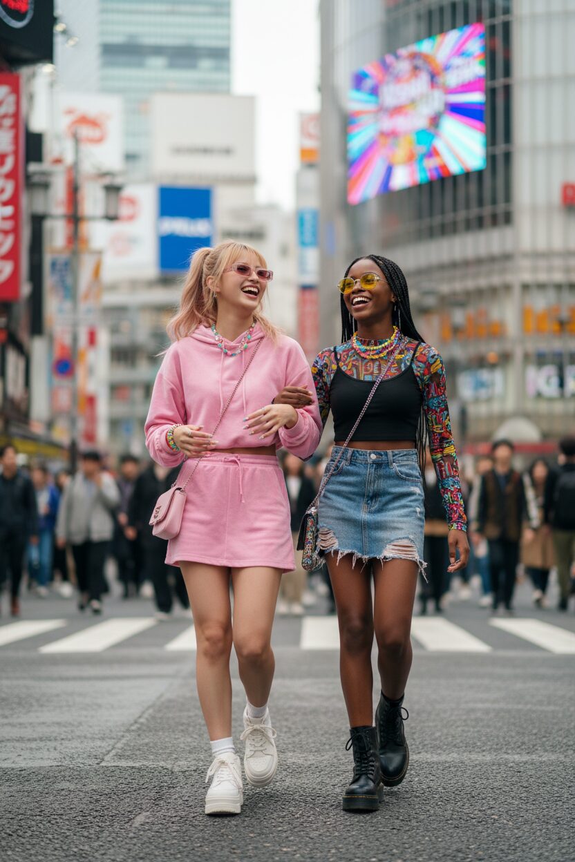 東京・渋谷のような活気ある街を、笑いながら歩く2人の10代の友人。1人はピンクのベロア素材のミニスカートとクロップド丈のフーディーをセットアップで着こなし、白い厚底スニーカーを合わせている。もう1人はダメージ加工のデニムマイクロミニスカートに、カラフルなグラフィックのメッシュトップスとクロップドタンクトップを重ね着している。2人ともビーズネックレスや小さなサングラスなど、Y2Kらしいアクセサリーを身につけている。