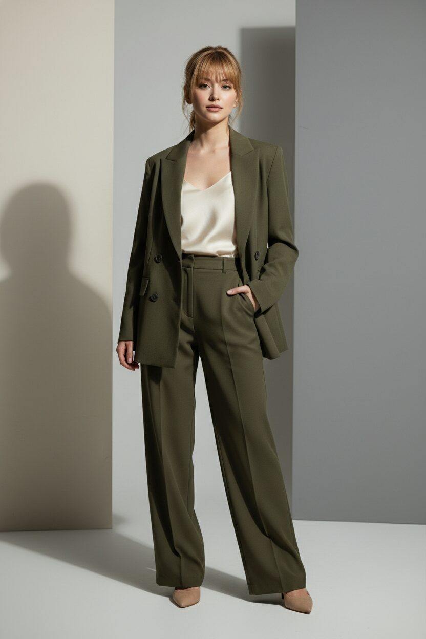 オリーブグリーンのリラックス感のあるセットアップを着こなす女性のファッションポートレート。柔らかなテーラリングが、力強さとしなやかさを両立させる「ソフト・テーラリング」のトレンドを表現している。