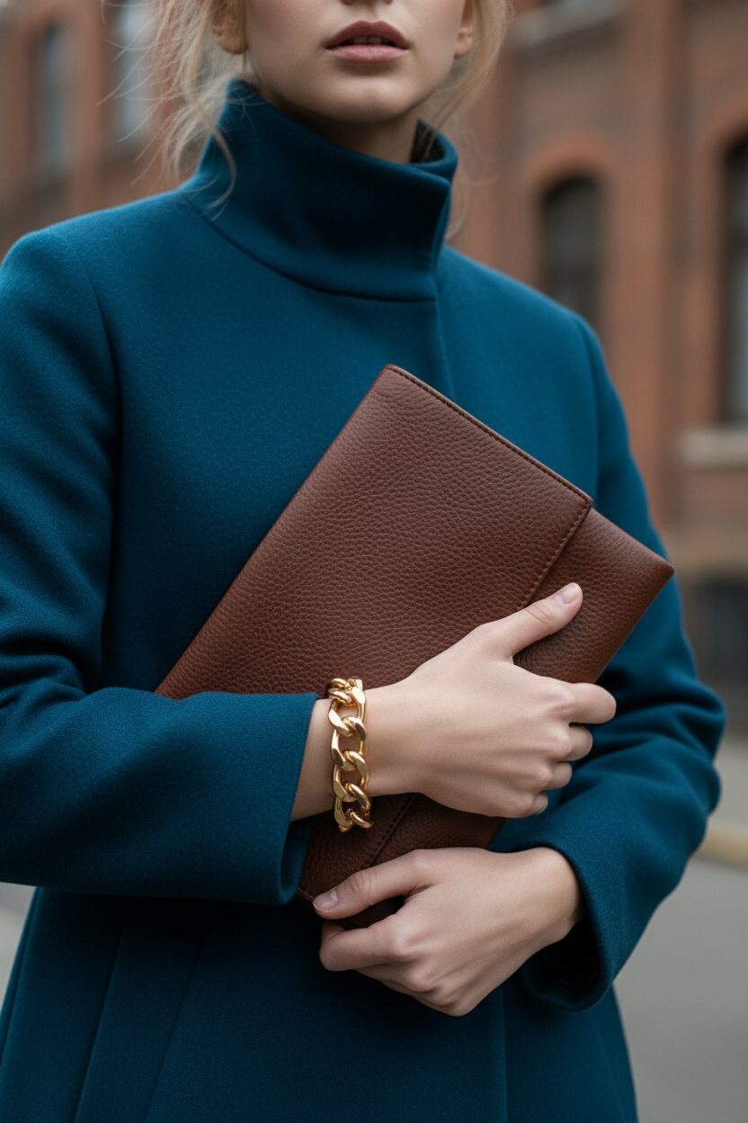チョコレートブラウンのレザークラッチと、深みのあるティールブルーのコートを合わせたコーディネートのディテールショット。ゴールドのアクセサリーが輝きを添え、アースカラーとジュエルトーンの洗練された配色を際立たせている。