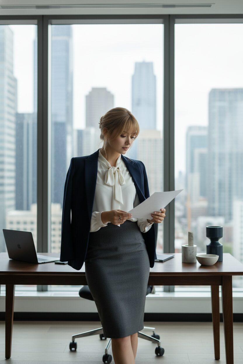 都会のオフィスで、チャコールグレーのペンシルスカートとネイビーのブレザーを合わせた知的な女性。窓の外には街並みが広がり、洗練されたオフィススタイルを体現している。