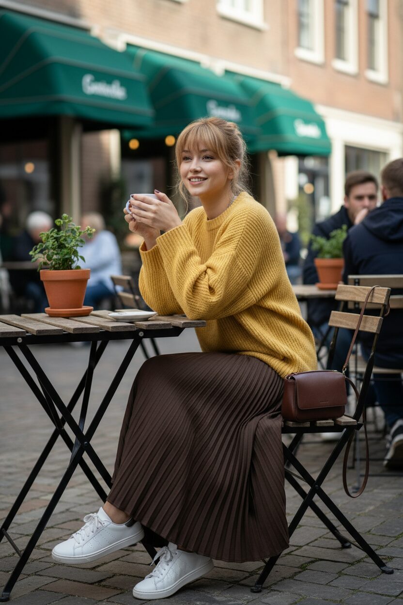 週末のカフェテラスで、バターイエローのニットとブラウンのプリーツスカートを合わせてリラックスする女性。上質なスニーカーが、休日のカジュアルスタイルに抜け感をプラスしている。