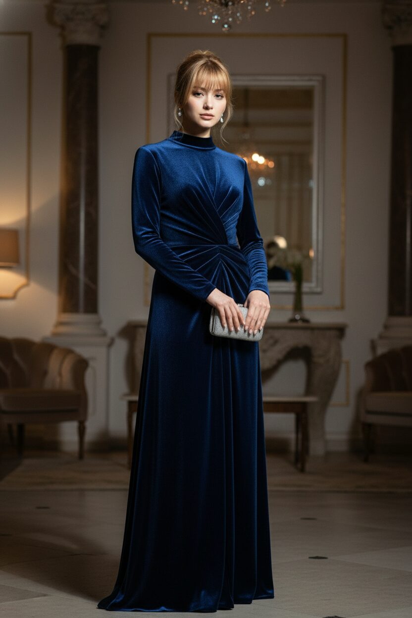 イブニングイベントに出席する、サファイアブルーのベルベットロングドレスをまとった女性。ミニマルなアクセサリーが、ドレスの持つ素材の美しさと優雅なドレープを引き立てている。