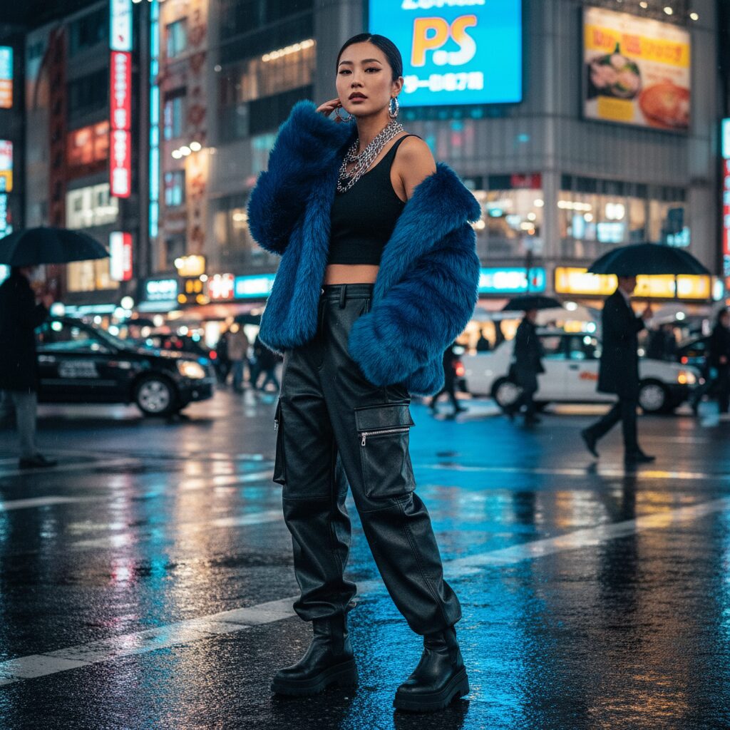 ネオンが輝く夜の東京のストリートで、鮮やかなエレクトリックブルーのオーバーサイズエコファージャケットを着こなす20代後半のアジア人女性。黒のクロップドトップスとゆったりしたレザーカーゴパンツを合わせ、チャンキーなシルバーアクセサリーがアクセントになっている。プロのファッション撮影による、都会的でラグジュアリーな雰囲気の横長ストリートスナップ。