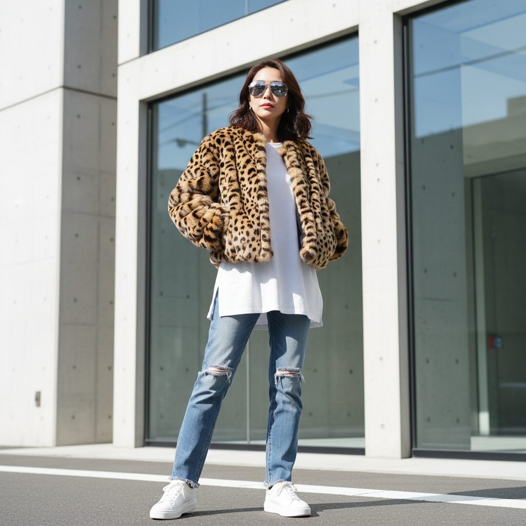 モダンな建物を背景に、ボリュームのあるショート丈のレオパード柄エコファージャケットを着て立つ30代前半の女性。インナーは白のオーバーサイズTシャツ、ボトムスはダメージ加工のストレートデニムで、足元は白のスニーカー。昼間の自然光が明るい、洗練された雰囲気の横長ストリートスタイル写真。