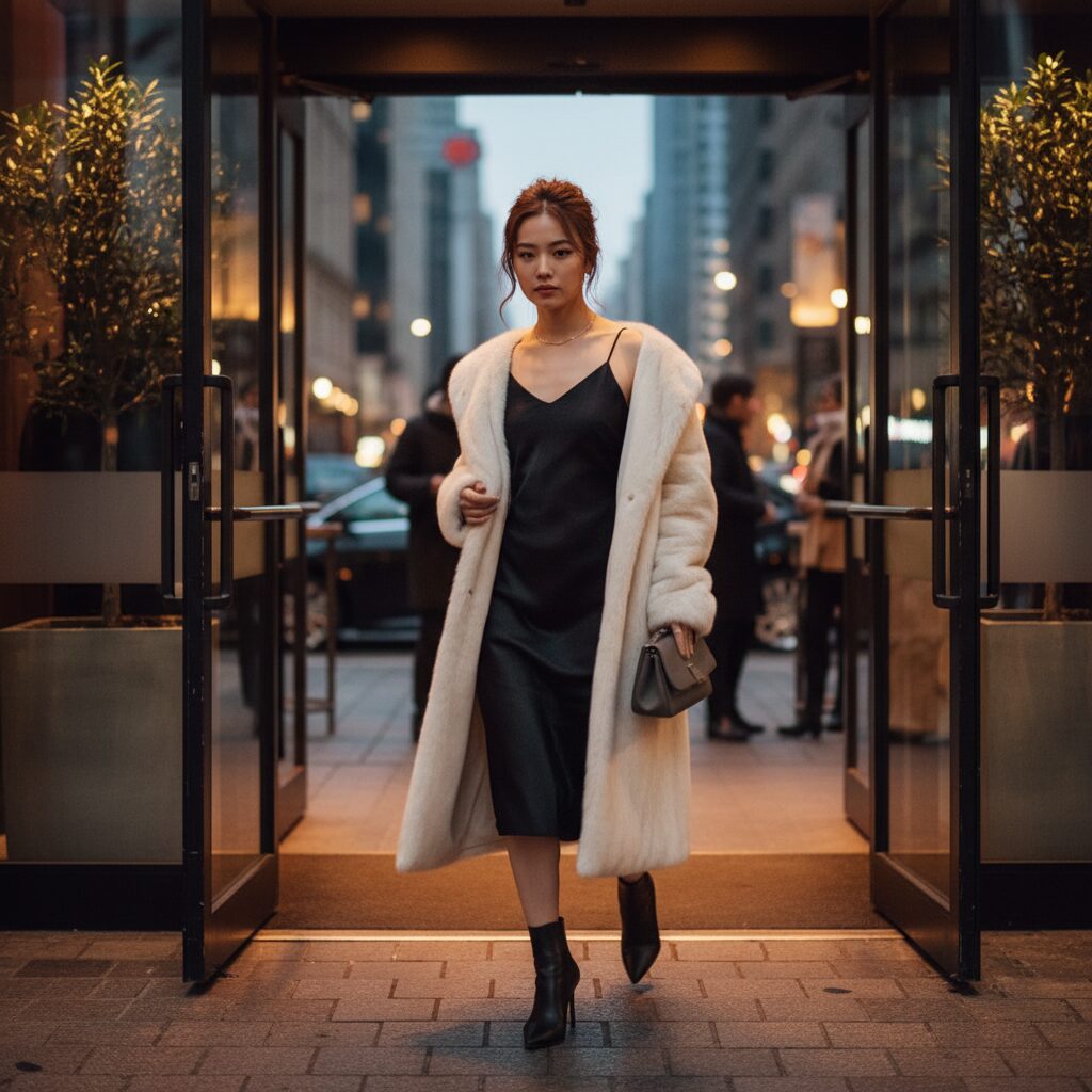 夕暮れ時、お洒落なバーから出てくるエレガントな女性。肩からクリーム色のロング丈エコファーコートを羽織り、下には黒のシルクスリップドレスを着用。足元は黒のスティレットアンクルブーツで、クラッチバッグを手にしている。動きのあるグラマラスな夜のシーンを捉えた、プロによる横長のファッション写真。