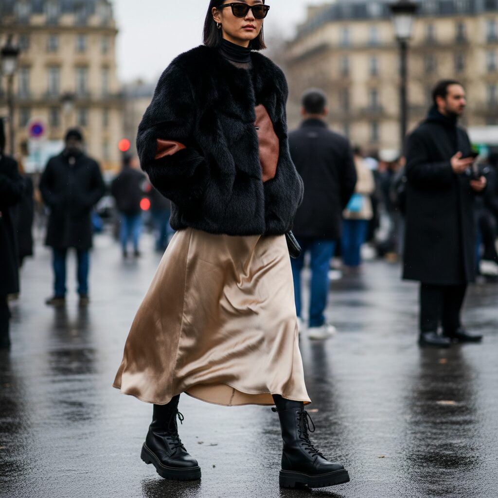 パリ・ファッションウィークでのファッショナブルな人物を捉えたストリートスナップ。黒いファーと滑らかなブラウンレザーを組み合わせたユニークなジャケットを着用。インナーには透け感のある黒のタートルネック、ボトムスはシャンパンカラーのサテンスカート。足元は厚底の黒いブーツで、背景は他の参加者で賑わう。横長の構図。