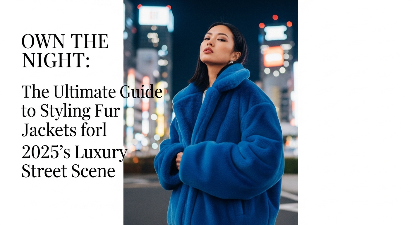 2025年秋の夜、東京の明るい街並みを背景に、オーバーサイズの鮮やかなブルーのエコファージャケットを着てクールな表情でポーズをとるアジア人女性。