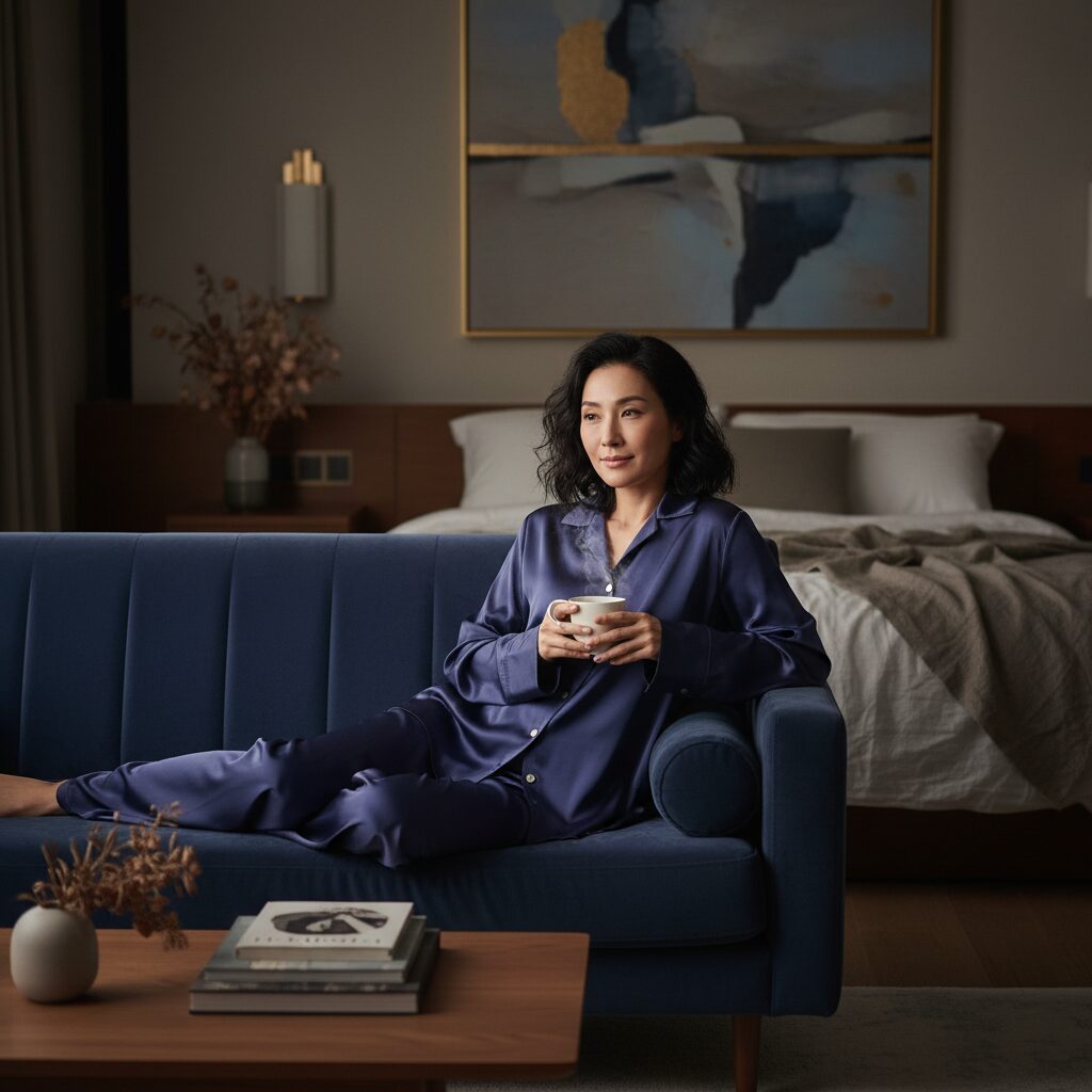 落ち着いた照明のシックな寝室で、ベルベットのソファに座る30代の日本人女性。フューチャーダスクカラーの上質なシルクサテンでできた、長袖シャツとワイドパンツのラウンジウェアセットを身につけ、温かいお茶のカップを手にしている。プロのファッション撮影のような、柔らかく雰囲気のある一枚。