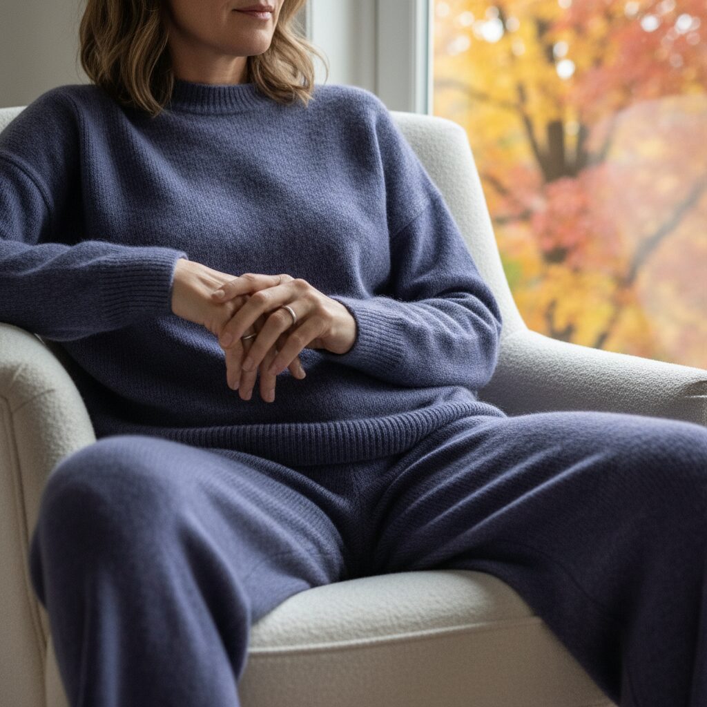 窓の外に紅葉が見える心地よいアームチェアでくつろぐ40代女性のクローズアップ。フューチャーダスクカラーのカシミアニットとパンツを着用しており、カシミアの柔らかな質感が際立っている。自然光を活かしたストリートスナップのような雰囲気の写真。