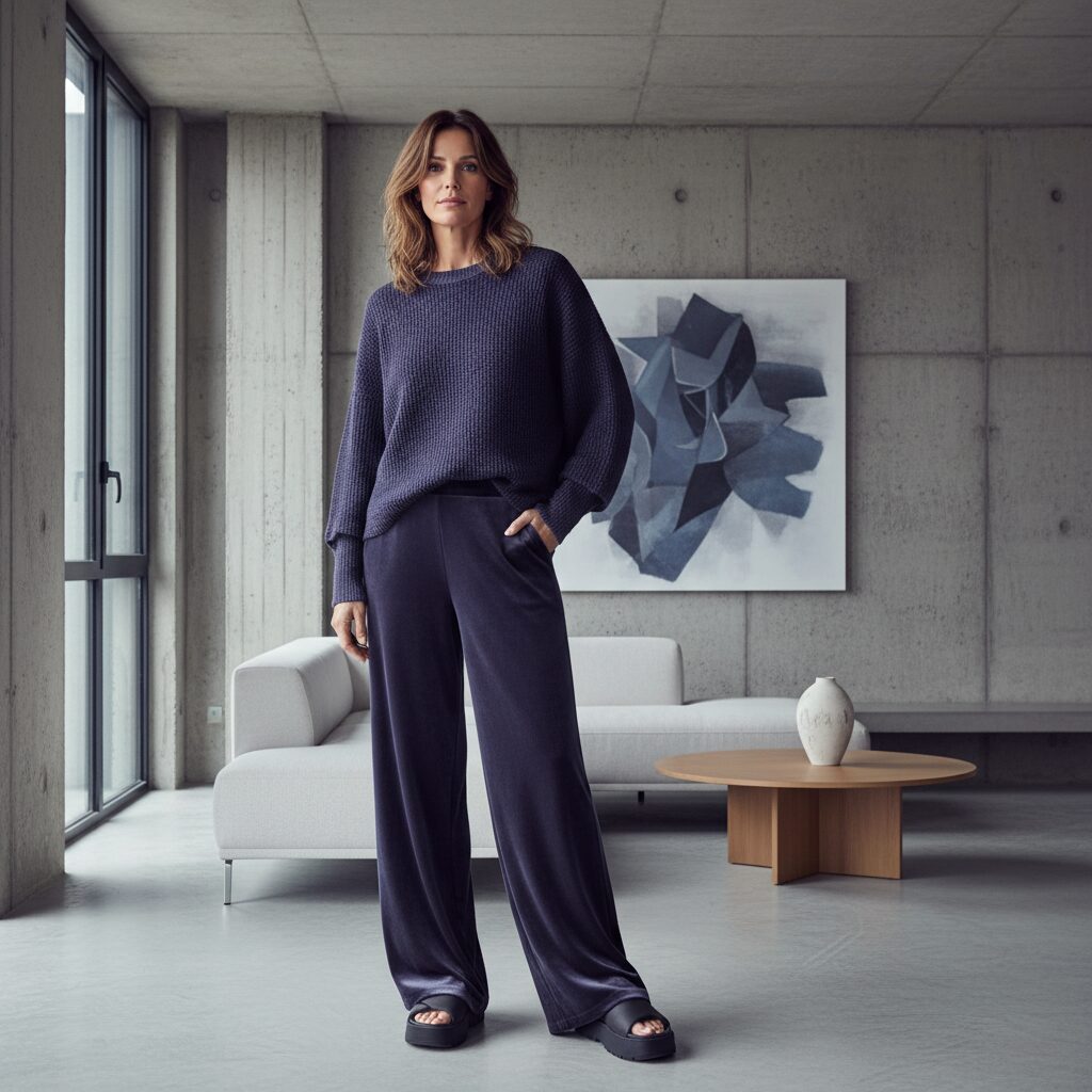 30代後半の女性が、異素材を組み合わせたフューチャーダスクのラウンジウェアを披露している全身写真。ワッフルニットのトップスととろみのあるベロアパンツを着用し、モダンでミニマルなリビングに立っている。ハイファッション誌のようなスタイリッシュな一枚。