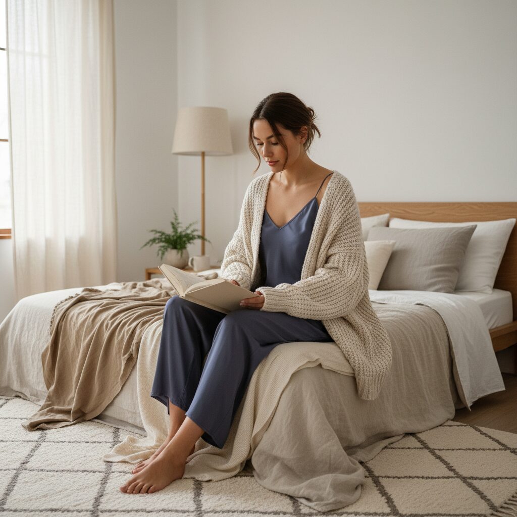 フューチャーダスクのラウンジウェアに、ニュートラルカラーを合わせたコーディネート。フューチャーダスクのシルクキャミソールとパンツの上に、クリーム色でチャンキーニットのカーディガンを羽織っている。ベッドに座って本を読む、ライフスタイル誌のようなワンシーン。