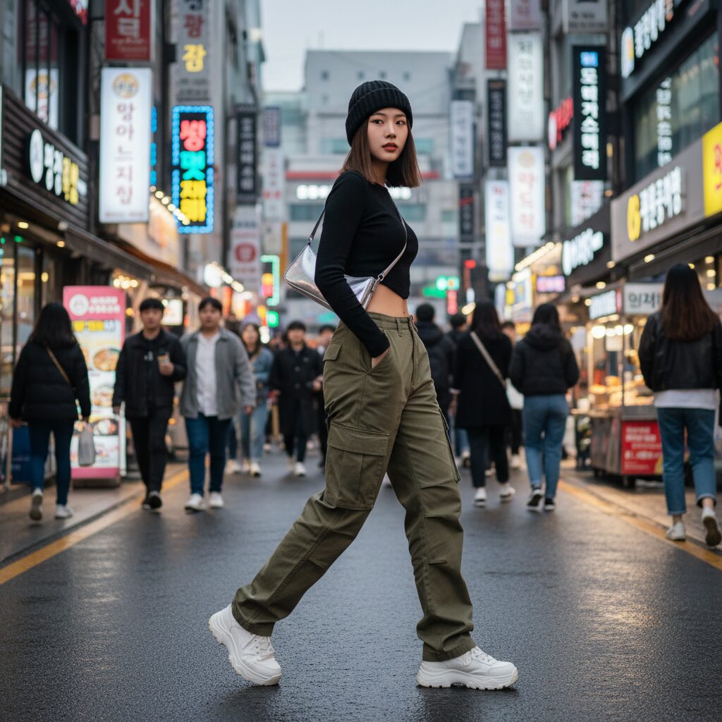 活気あふれるソウルの弘大(ホンデ)のような街角を歩く20代前半の韓国人女性。オリーブグリーンのオーバーサイズカーゴパンツに、黒の長袖クロップドトップス、白の厚底スニーカーを合わせ、小さなシルバーのショルダーバッグと黒のビーニーを着用している。背景にはネオンサインや人々が行き交う賑やかなストリートが写っている、躍動感のある一枚。