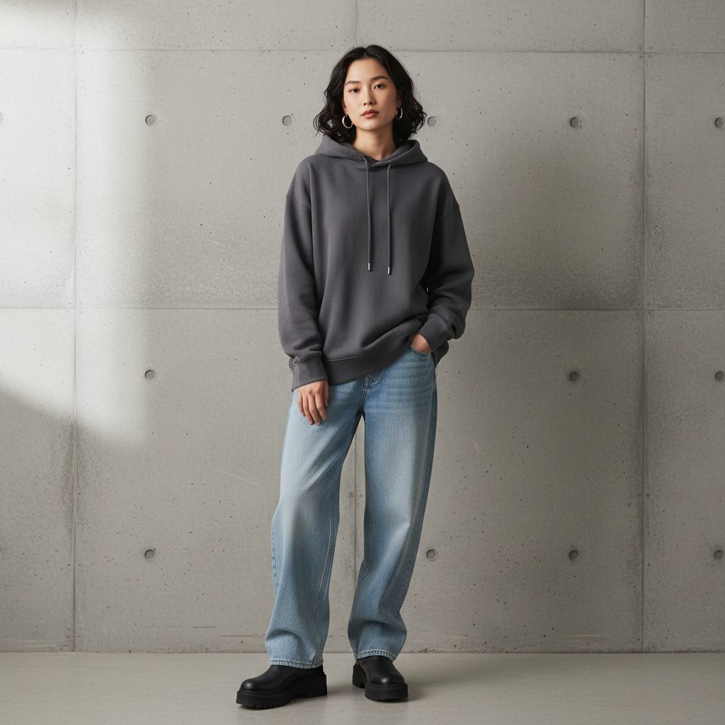 ミニマルなコンクリートの壁を背景にポーズをとる20代半ばの東アジア人モデルの全身写真。ハイウエストでワイドなライトブルーのバギージーンズに、チャコールグレーのオーバーサイズパーカーを着用。足元は黒の厚底ブーツで、シンプルなシルバーのフープピアスがアクセントになっている。柔らかく拡散した光が、シックでモダンな雰囲気を演出している一枚。
