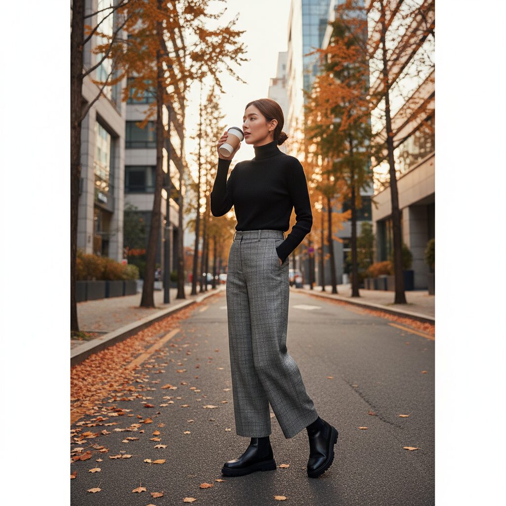 ソウルの江南(カンナム)にある静かな通りで撮影された、20代後半の女性のエレガントな秋のストリートスタイル。上品なグレーのグレンチェック柄ワイドパンツに、フィット感のある黒のタートルネックニット、そしてトラックソールが特徴的な黒のレザーアンクルブーツを合わせている。片手にはコーヒーカップを持っている。背景には紅葉とモダンな建物が写り込み、夕暮れ時の柔らかな光に包まれている。