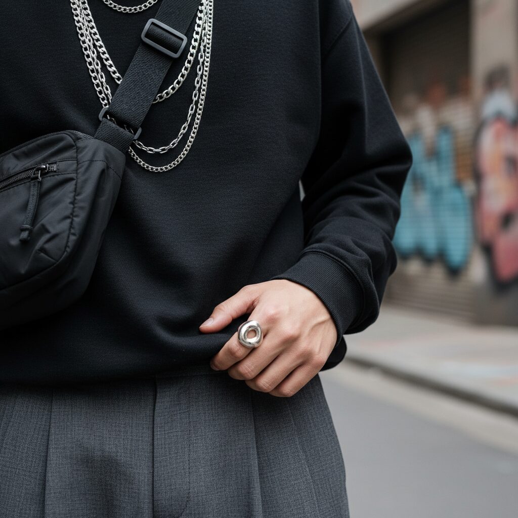 韓国ストリートスタイルのコーディネートを纏った人物の、アクセサリーに焦点を当てたクローズアップ写真。黒のスウェットシャツの上から重ね付けされた、ごつめのシルバーチェーンネックレスや指にはめられたシルバーリング、そして黒のナイロン製クロスボディバッグが主役。背景はわずかにぼかされ、ワイドパンツの生地の質感が際立っている。