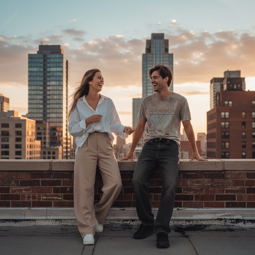 都市のビルの屋上で、夕日を浴びながら楽しそうに笑い合う若い男女の二人組。二人とも「ゆるだぼ」スタイルのワイドパンツを着こなしている。女性はベージュのワイドパンツに白のオーバーサイズシャツ、男性はダークカラーのワイドジーンズにヴィンテージ風のバンドTシャツを合わせている。背景には夕焼けに染まる街並みが広がっている、ライフスタイル感あふれる一枚。