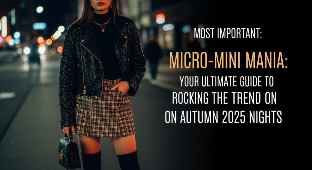 2025年秋の夜、ネオンサインに照らされた都会のストリートで、スタイリッシュなマイクロミニスカートを着こなす女性