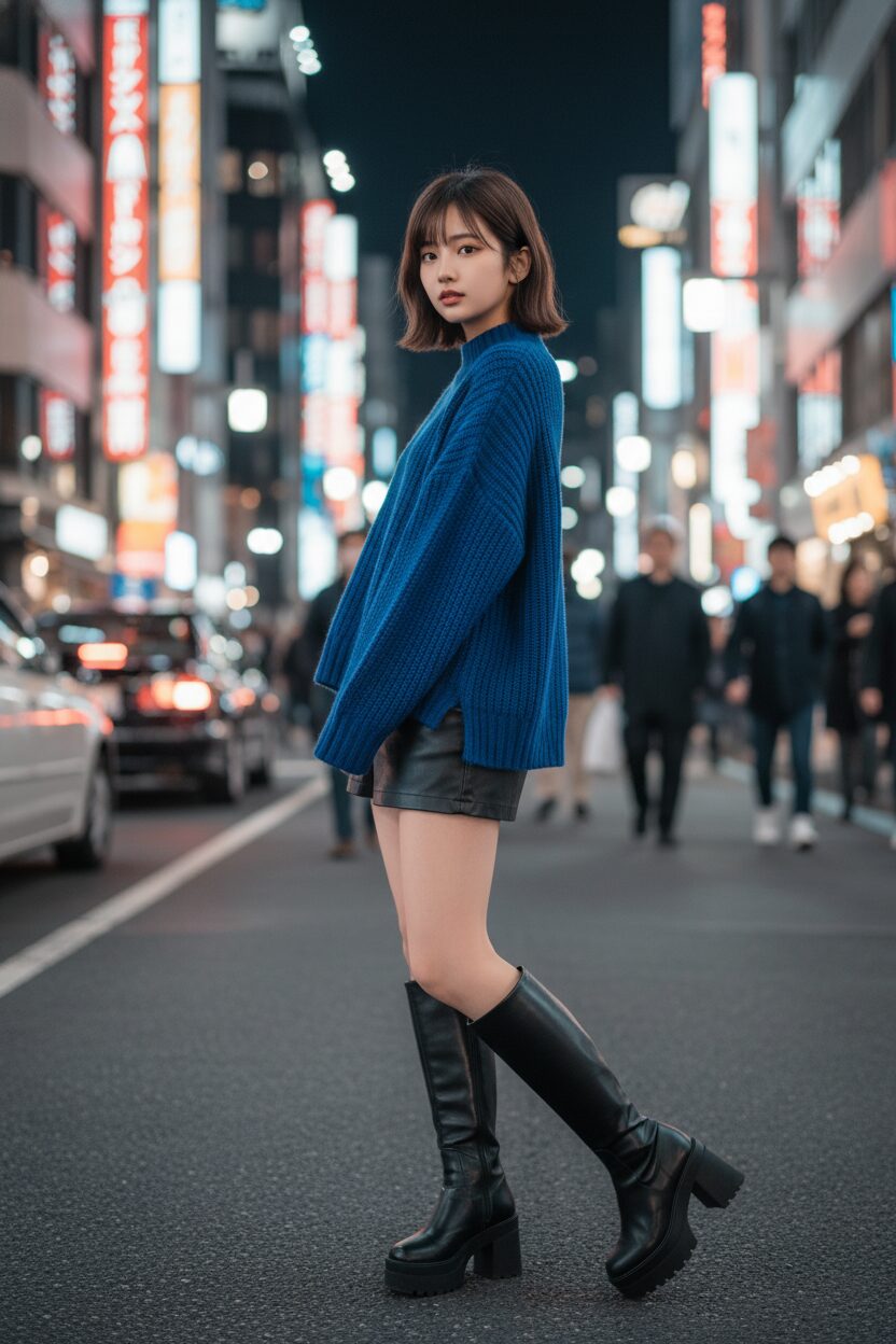 東京の夜の街角で、黒いレザーのマイクロミニスカートに、鮮やかなコバルトブルーのオーバーサイズニットを合わせた日本人女性。足元は膝丈の厚底レザーブーツで、ネオンの光が彼女のクールなスタイルを照らしている。