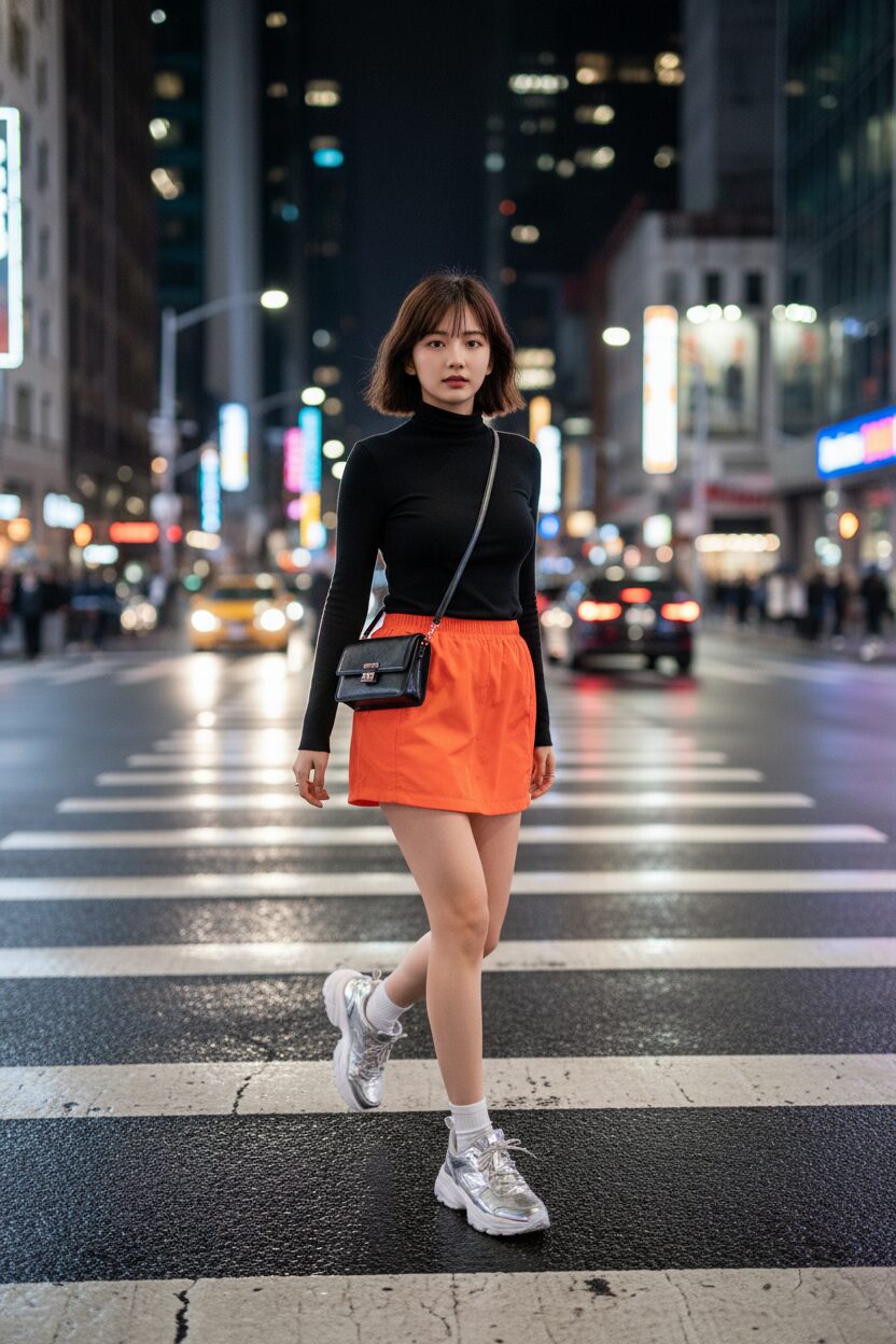 夜の大都市の横断歩道を自信を持って歩く女性。鮮やかなオレンジ色のナイロン製マイクロミニスカートに、フィット感のある黒のタートルネックを合わせ、足元は未来的なシルバーのスニーカーで決めている。背景には車のライトが光の筋となって流れている。