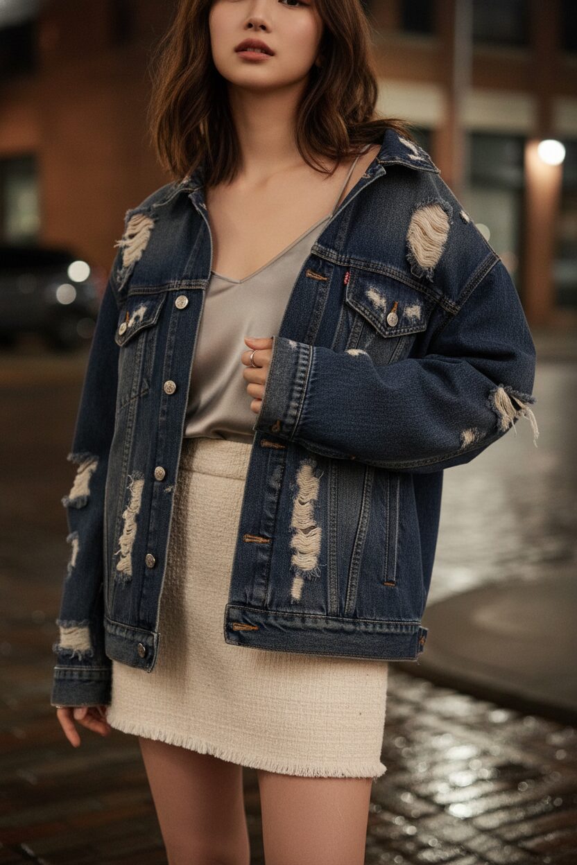 夜の静かな街角で、異素材ミックスコーデを捉えたクローズアップ写真。切りっぱなしの裾が特徴的なツイードのマイクロミニスカートに、繊細なシルクのキャミソール、そしてダメージ加工が施されたオーバーサイズのデニムジャケットを組み合わせている。