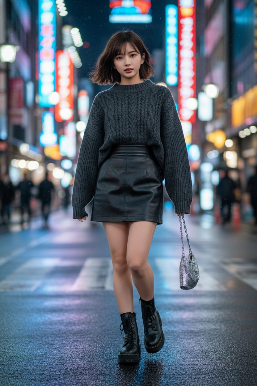 ネオンきらめく秋の夜の東京の街を、黒いレザーのマイクロミニスカートとチャコールグレーのオーバーサイズニット、厚底のコンバットブーツで颯爽と歩く若い日本人女性。手にはシルバーのミニバッグを持ち、都会的でエッジの効いたストリートスタイルを体現している。