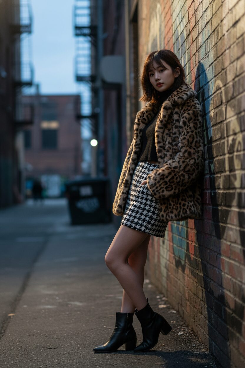 夕暮れの路地裏、グラフィティアートを背景にポーズをとる20代のアジア人女性。千鳥格子柄のツイードマイクロミニに、黒のクロップドタートルネック、そして大胆なレオパード柄のフェイクファージャケットを羽織っている。足元はシャープな黒のアンクルブーツで、ドラマチックな照明が彼女のスタイルの質感を際立たせる。