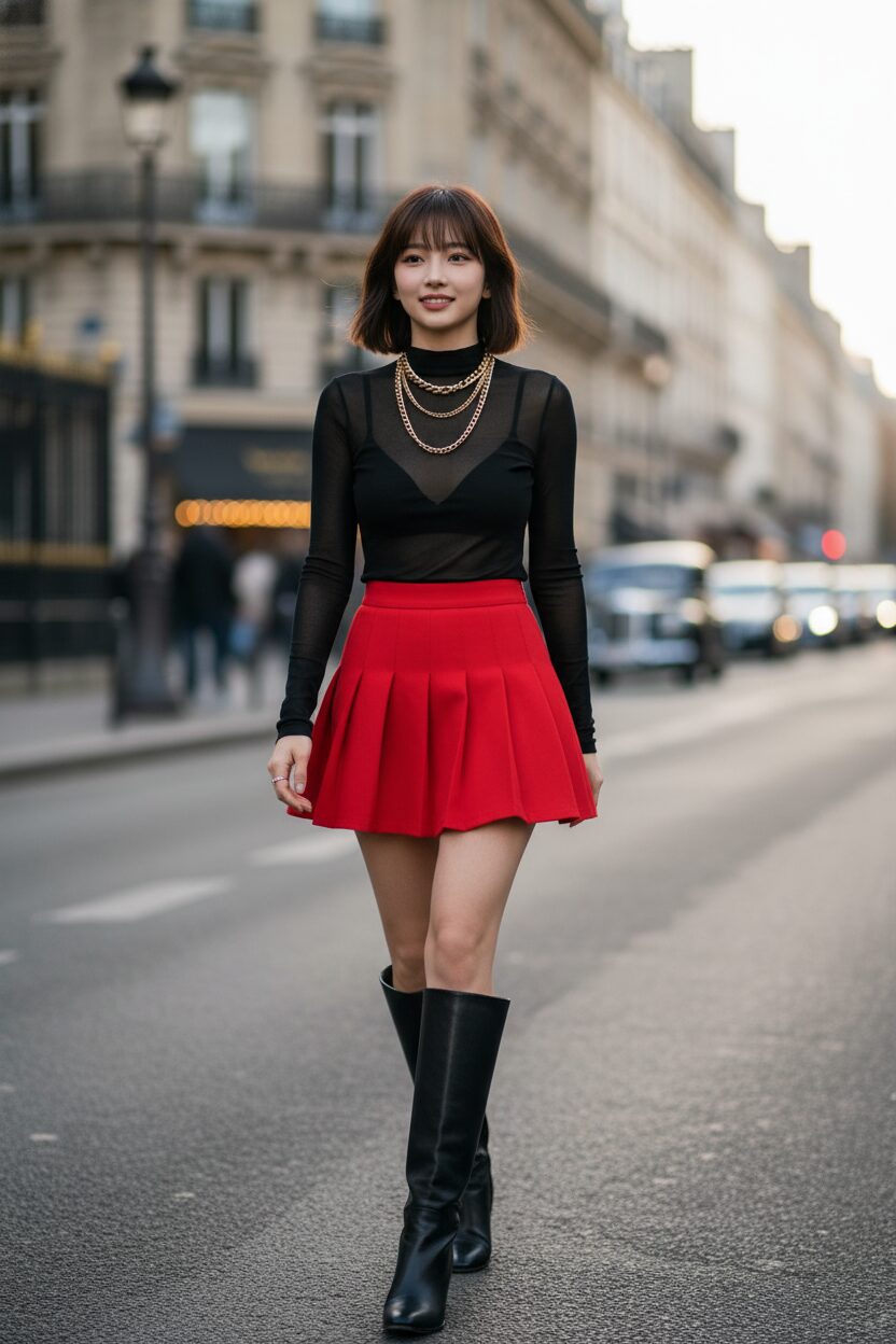 2025年秋のパリ・ファッションウィーク中、クラシックな街並みを背景に歩く女性。鮮やかな赤のプリーツマイクロミニに、透け感のある黒のシアートップス、そして黒のレザーロングブーツを合わせ、ゴールドのチャンキーなネックレスがアクセントになっている。自信に満ちた動きのある瞬間を捉えた一枚。