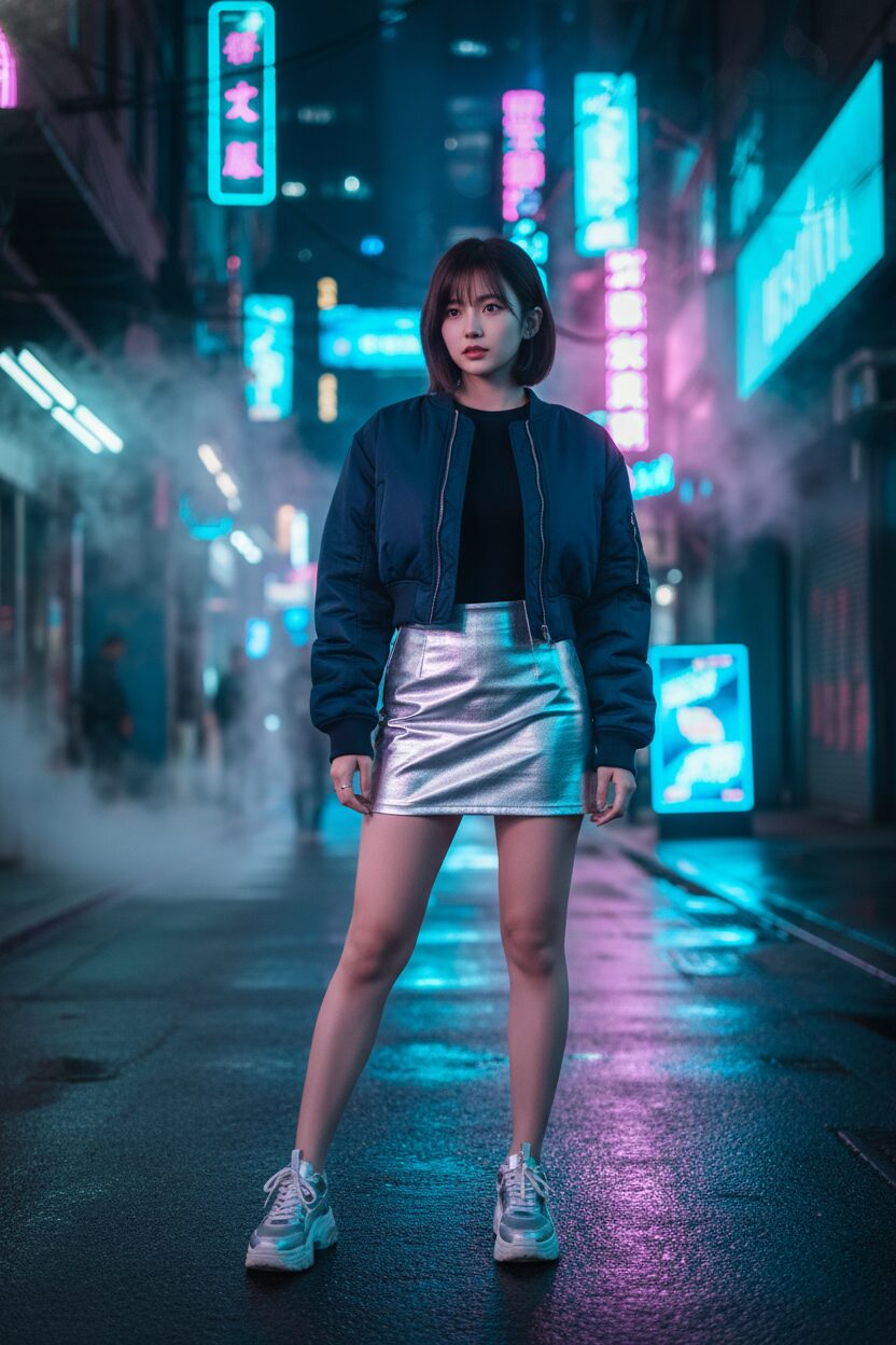 サイバーパンクな近未来都市を思わせるネオンの中でポーズをとる20代後半の女性。シルバーメタリックのマイクロミニスカートに黒のフィット感あるトップス、ネイビーのクロップド丈ボンバージャケットを着用。足元は厚底スニーカーで、青や紫の光がスカートに反射し、クールな雰囲気を醸し出している。
