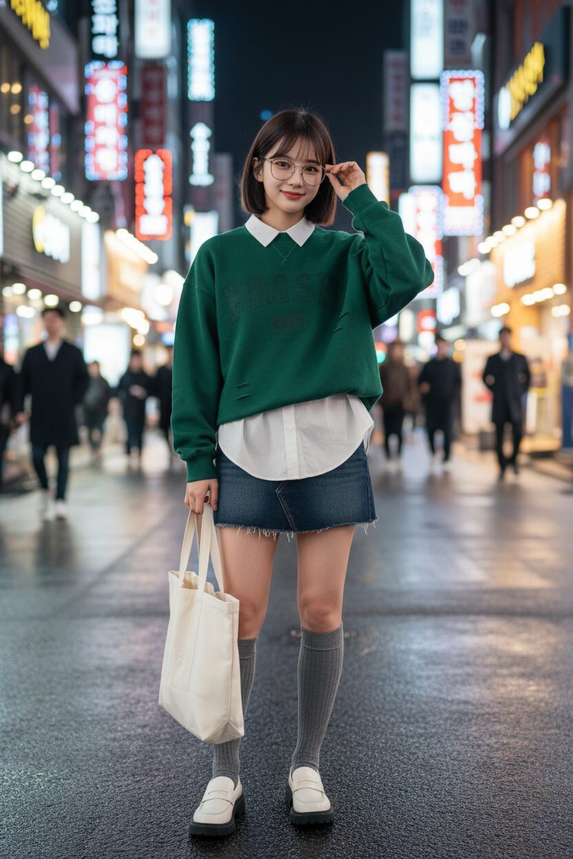 夜のソウル、賑やかなストリートでの一枚。カットオフされたデニムのマイクロミニスカートに、深緑のオーバーサイズなカレッジ風スウェットを合わせた若い女性。下には白い襟付きシャツをレイヤードし、足元は白の厚底ローファーにグレーのリブソックスを合わせている。クリアフレームのメガネが知的なアクセント。