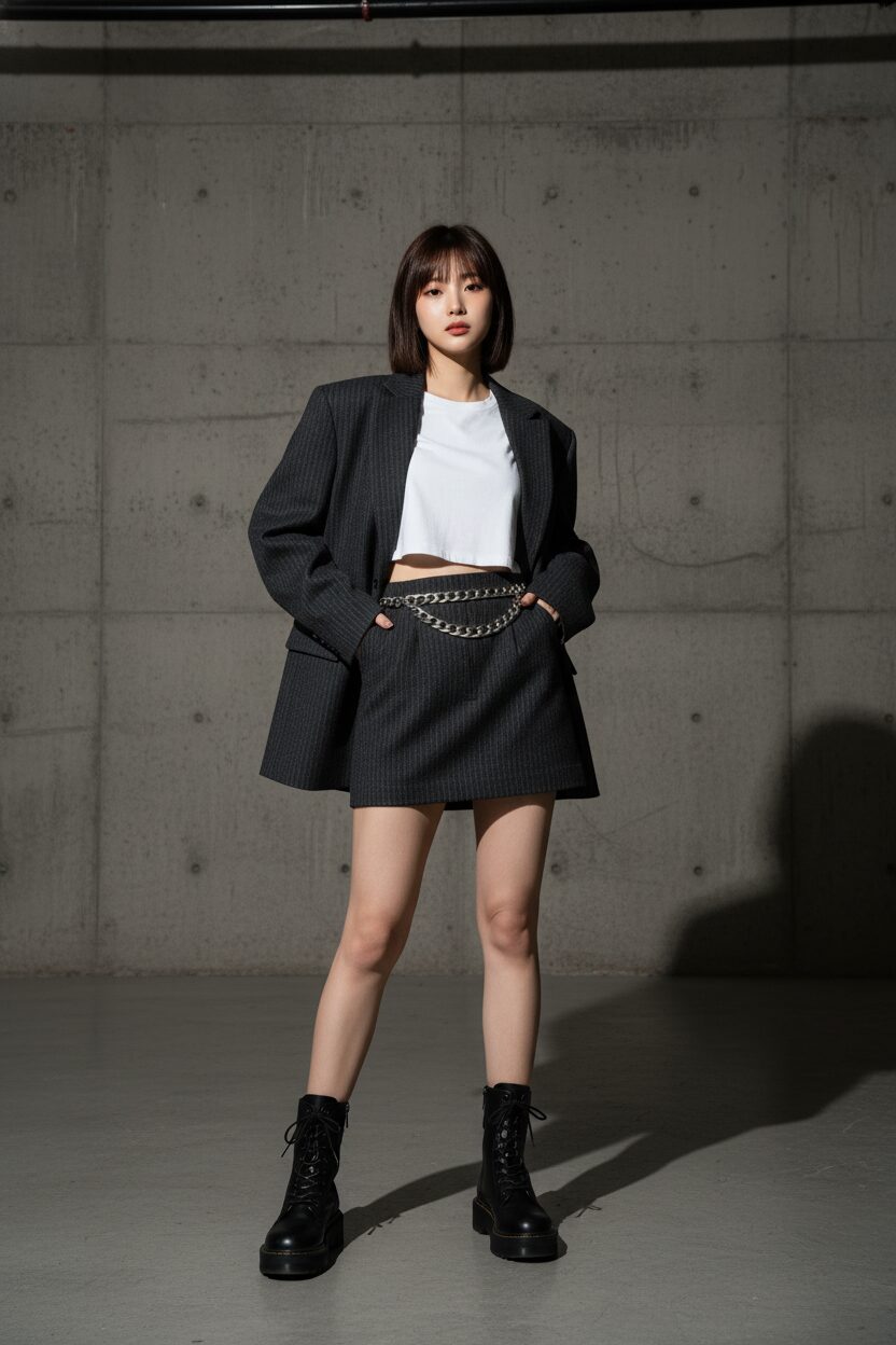 コンクリート壁の無機質な空間で、ハイファッションなポーズをとるモデル。ピンストライプのウール製マイクロミニと、お揃いのオーバーサイズブレザーをセットアップで着用。インナーは白のクロップドTシャツで、足元は重厚な黒のコンバットブーツ。シルバーのチェーンベルトが力強いアクセントになっている。
