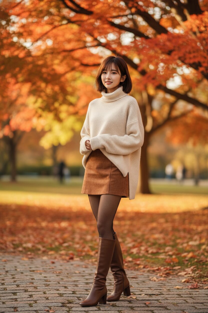 紅葉の公園、マジックアワーに撮影された一枚。ブラウンのフェイクスエードマイクロミニに、クリーム色のゆったりとしたタートルネックセーター、そしてブラウンのブロックヒールロングブーツを合わせた女性。透け感のある黒いタイツを着用し、夕陽の柔らかな光が彼女のアースカラーのコーディネートを優しく照らしている。