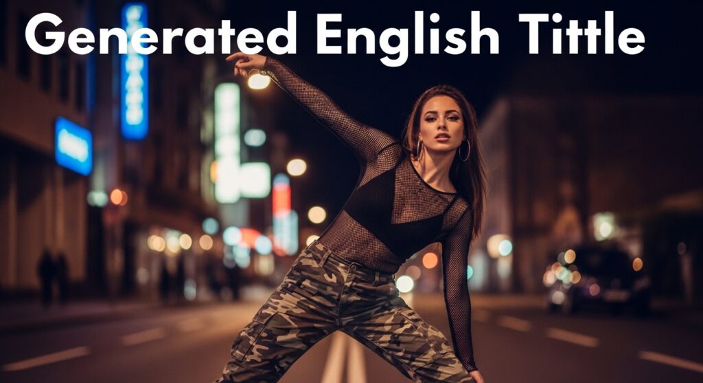 ネオン輝く夜のストリートで、ブラックのメッシュトップスと迷彩カーゴパンツを着用し、ダイナミックなポーズをとる女性ダンサー