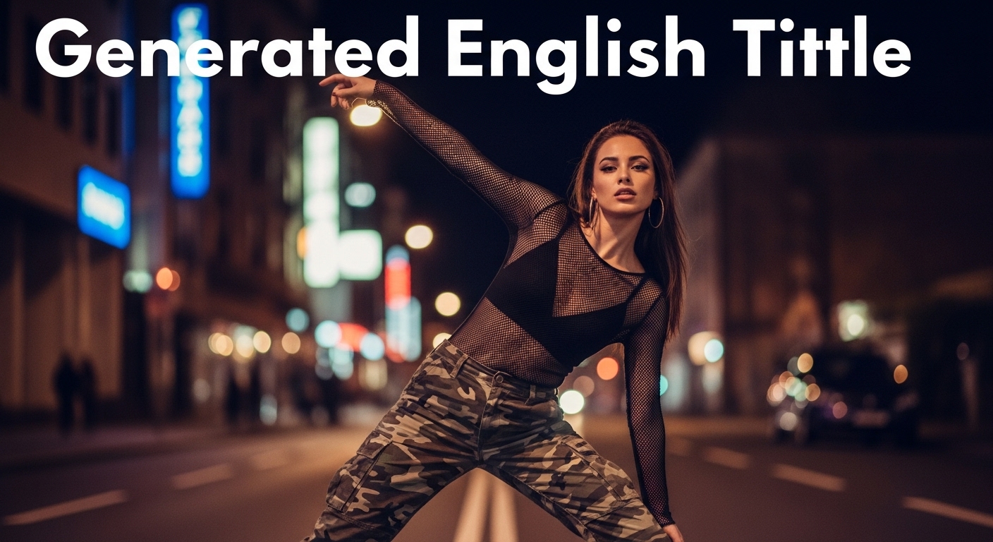 ネオン輝く夜のストリートで、ブラックのメッシュトップスと迷彩カーゴパンツを着用し、ダイナミックなポーズをとる女性ダンサー