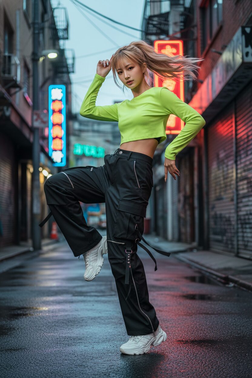 夕暮れのネオンが灯る都会の路地裏で、黒のテック系カーゴパンツとネオングリーンのクロップド丈トップスをまとった日本人女性ダンサーが、躍動感あふれるポーズを決めている。未来的なデザインの白い厚底スニーカーが、ストリート感を強調している。