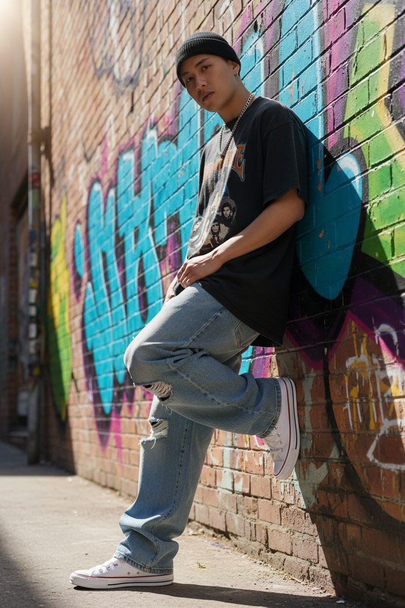 太陽の光が差し込む路地裏のグラフィティアートを背景に、ウォッシュ加工が施されたバギーなワイドデニムとヴィンテージ風のバンドTシャツを着た男性ダンサーが壁に寄りかかっている。黒のビーニーとシルバーのチェーンネックレスが90年代の雰囲気を醸し出している。