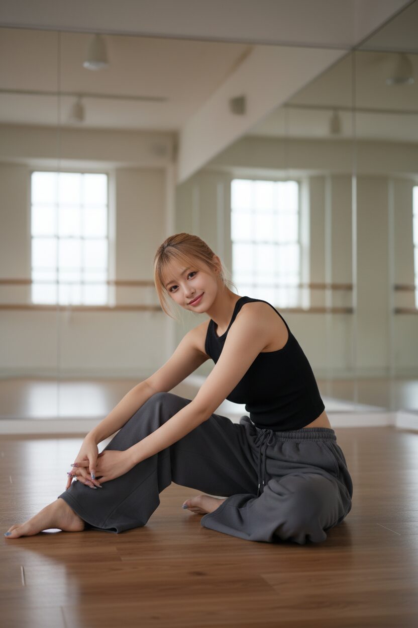 大きな窓から自然光が差し込むダンススタジオで、チャコールグレーのワイドなスウェットパンツと黒のタイトなタンクトップを着た女性ダンサーがストレッチをしている。鏡張りの壁が、彼女のしなやかな動きとリラックスしたコーディネートを映し出している。