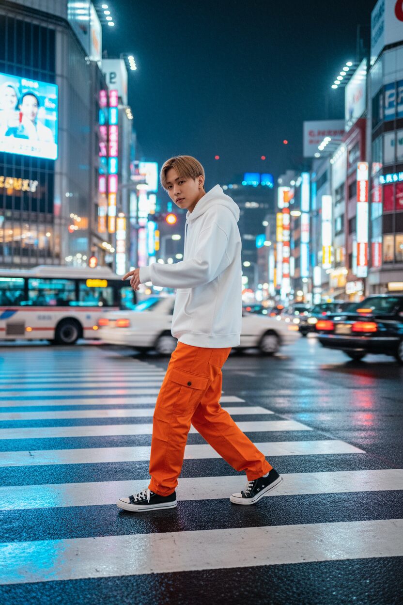 東京・渋谷のようなネオンきらめく夜の横断歩道を、鮮やかなオレンジ色のカーゴパンツと白のオーバーサイズパーカーを着た男性ダンサーが自信に満ちた表情で渡っている。背景の光が流れ、彼の存在感を際立たせている。