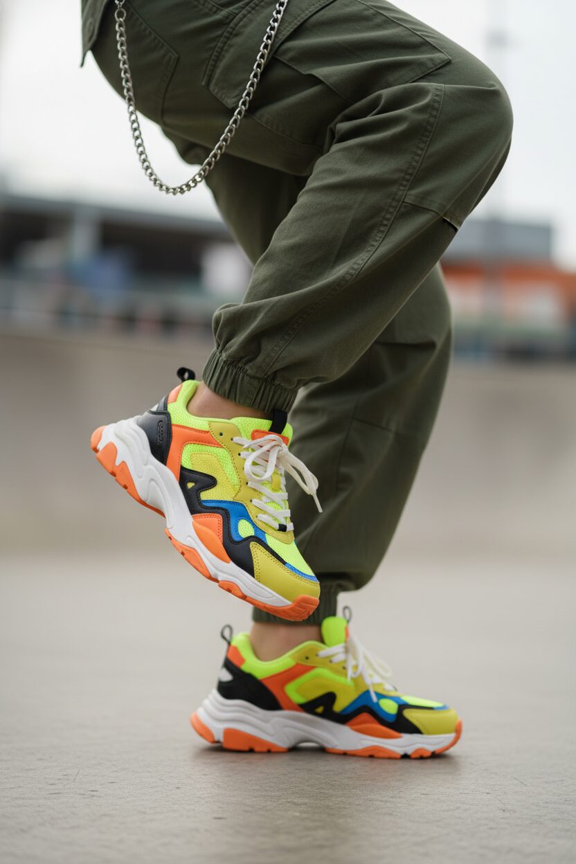 コンクリートのスケートパークを背景に、ダンサーの足元をクローズアップした写真。オリーブグリーンのカーゴパンツの裾から、マルチカラーのチャンキースニーカーがのぞいている。パンツのベルトループからはシルバーのウォレットチェーンが垂れ下がり、コーディネートのアクセントになっている。