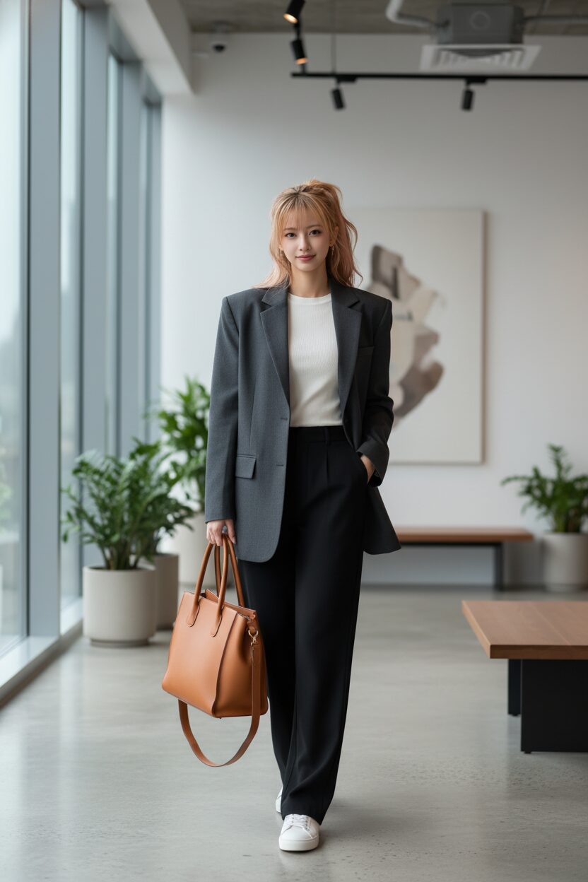 チャコールグレーのオーバーサイズジャケットに白のニット、黒のワイドパンツを合わせた30代前半の日本人女性。レザーのトートバッグを持ち、モダンでミニマルなオフィスのロビーに立つ全身写真。プロのファッション撮影のような、シャープで洗練された一枚。