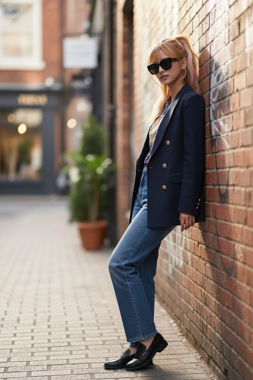 レンガの壁にもたれる20代後半の日本人女性のストリートスナップ。ネイビーのダブルジャケットの中にヴィンテージのバンドTシャツを着て、ストレートデニムを合わせている。黒のローファーとサングラスでクールに決めた、こなれ感のあるコーディネート。