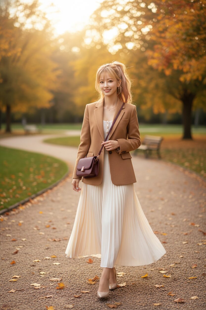 秋の公園を歩く30代の女性。キャメルカラーのテーラードジャケットと、クリーム色でプリーツ入りのマキシスカートを組み合わせたフェミニンなコーディネート。背景の紅葉が美しく、柔らかい光に包まれたファッション誌のような一枚。