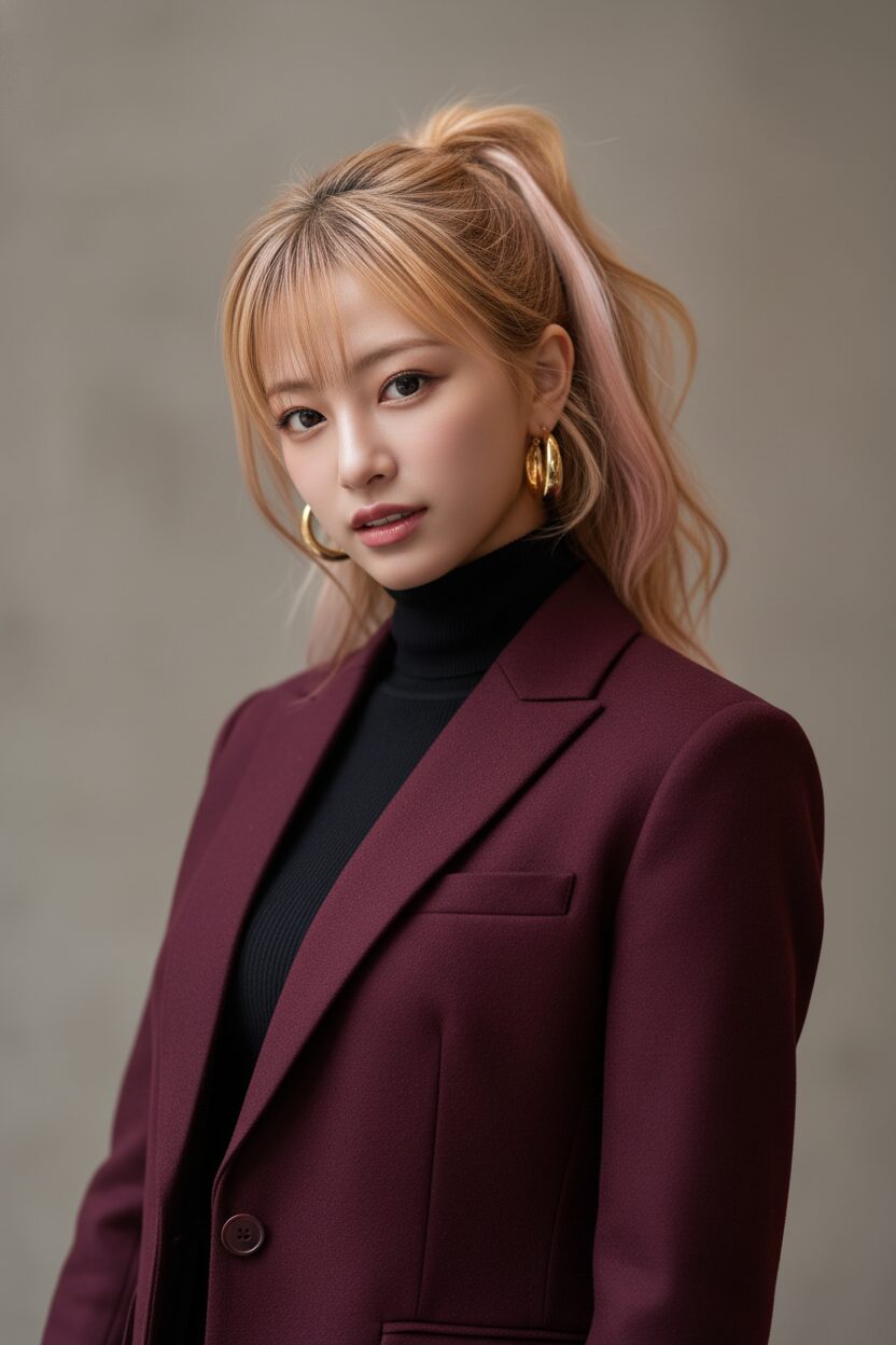 深いバーガンディ色のウール素材のテーラードジャケットを着た女性のクローズアップ。黒のタートルネックとゴールドのフープピアスを合わせ、ジャケットの色と質感が際立っている。ドラマチックな照明のスタジオ撮影。