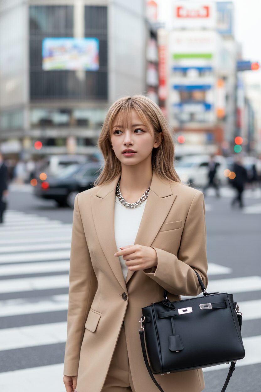 東京のような雑踏を横切る女性のウエストアップ写真。ベージュのテーラードジャケットに、存在感のあるシルバーのチェーンネックレスとレザーハンドバッグを合わせた、小物使いが光るコーディネート。背景がモーションブラーになっており、動きのあるスタイリッシュな一枚。